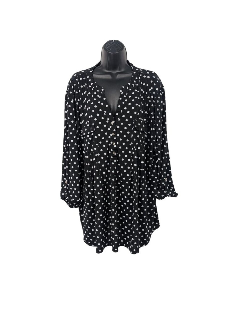 Cocomo Polka Dot Tunic Top Button Front Roll Tab Sleeve Stretch Office Plus 3X